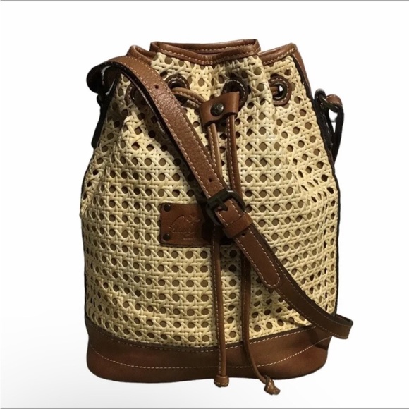 Patricia Nash Bags Patricia Nash Handbag Rattan Leather Drawstring Crossbody Bucket Bag Tan